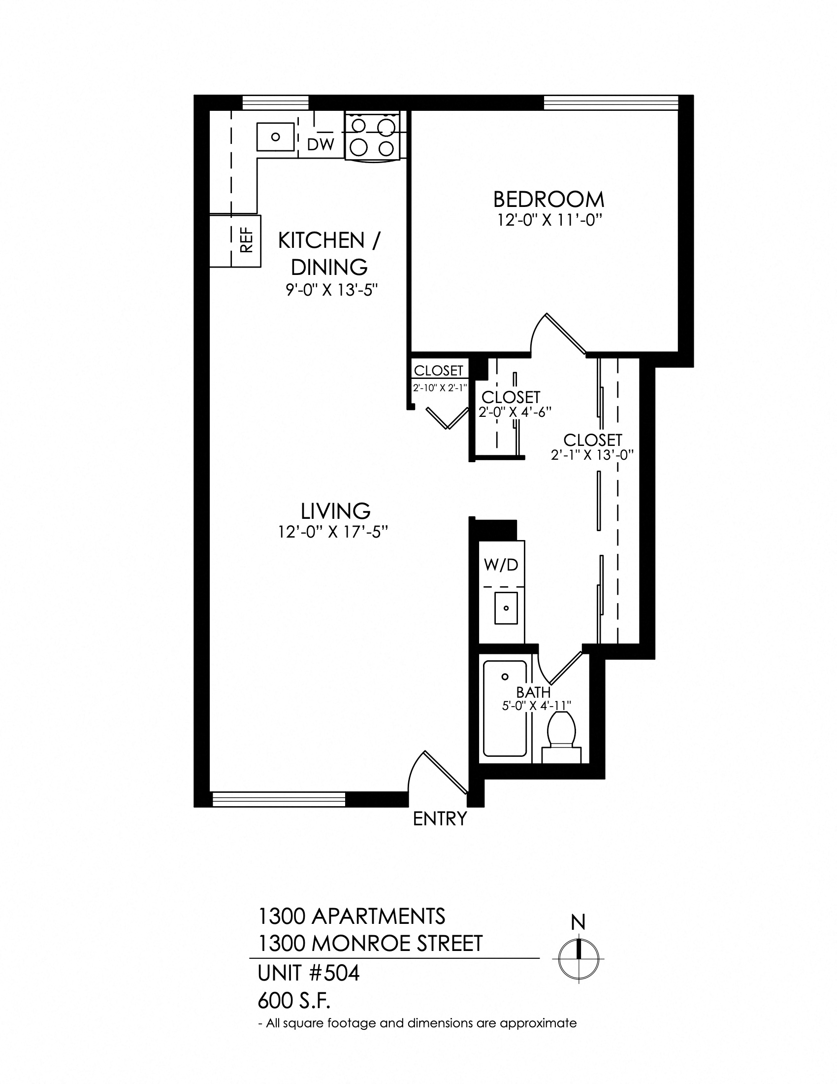 Floor plan for 1 bed, 1 bath, 705 sqft